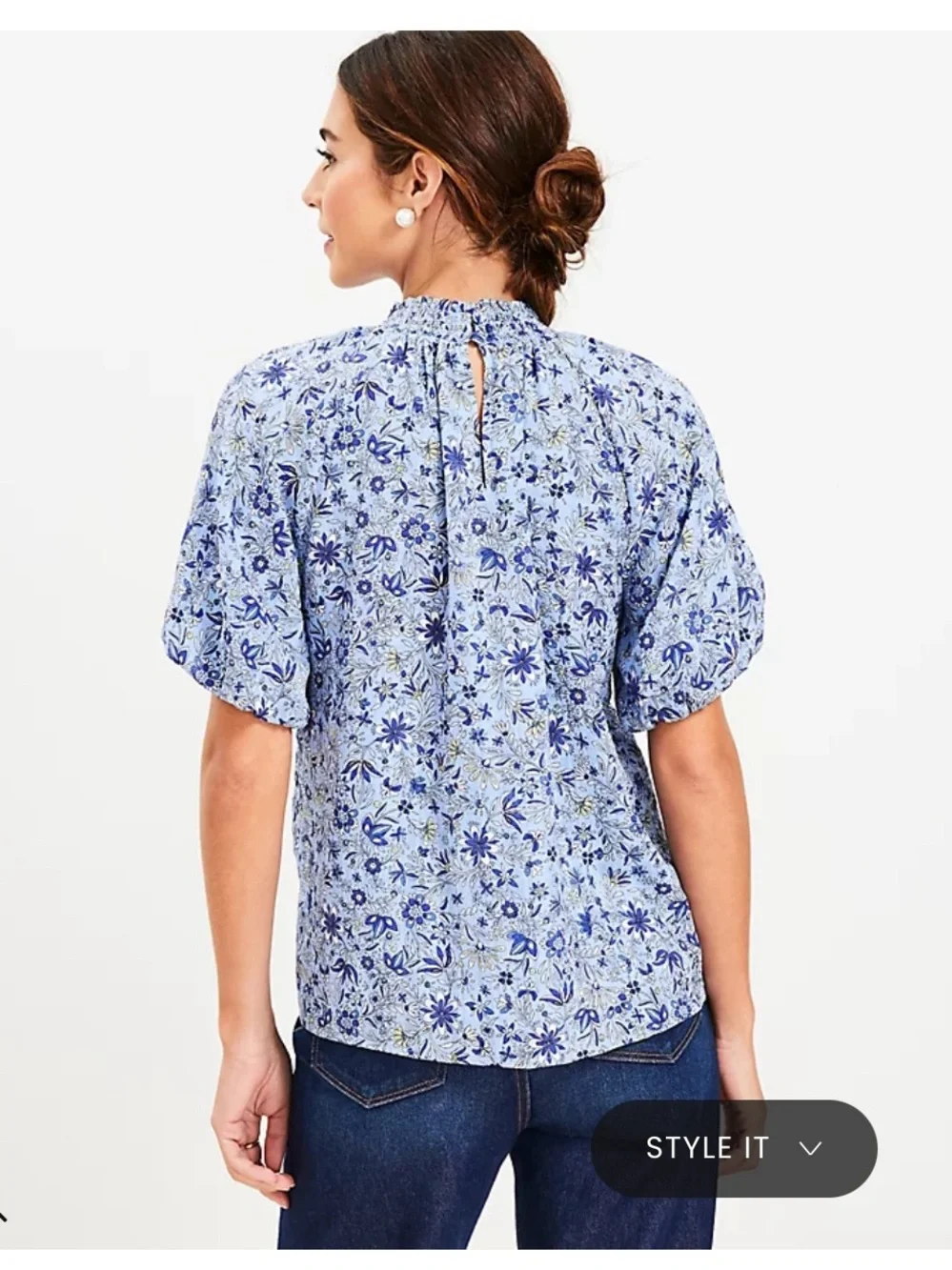 Loft Smocked Neck Blue Floral Puff-Sleeve Top Size Medium